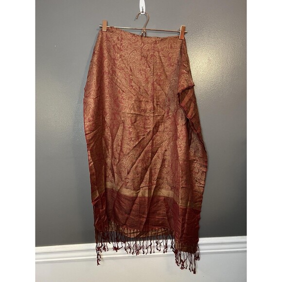 Pashmina Scarf Womens One Size Red Gold Paisley 70% Pashmina 30% Silk Fringe - Picture 4 of 6